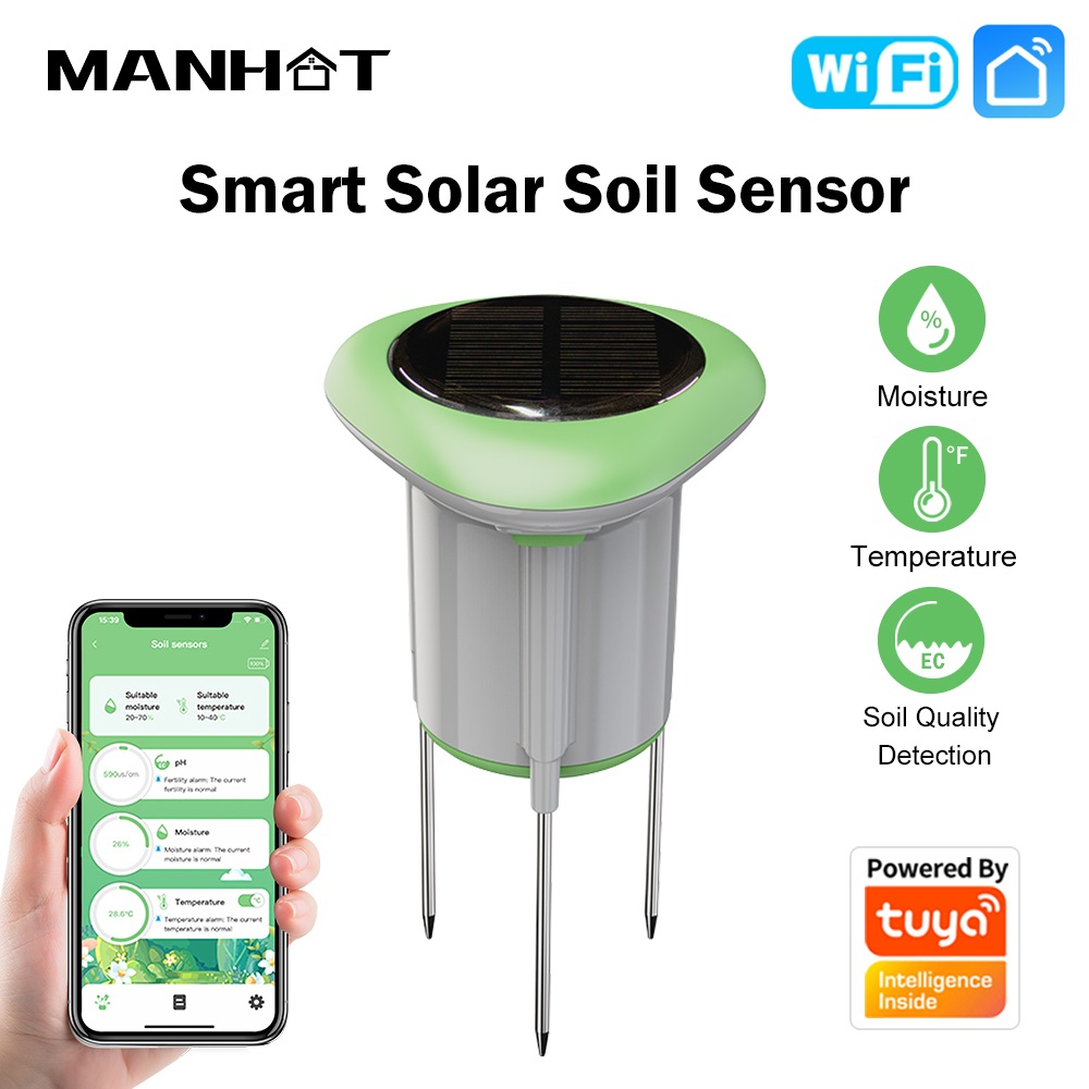 Smart Garden Usa - MANHOT WLAN-Smart-Solar-Bodensensor 3-in-1 Temperatur-Feuchtigkeits-EC-Leitfähigkeitsmessgerät IP66 Wasserdicht