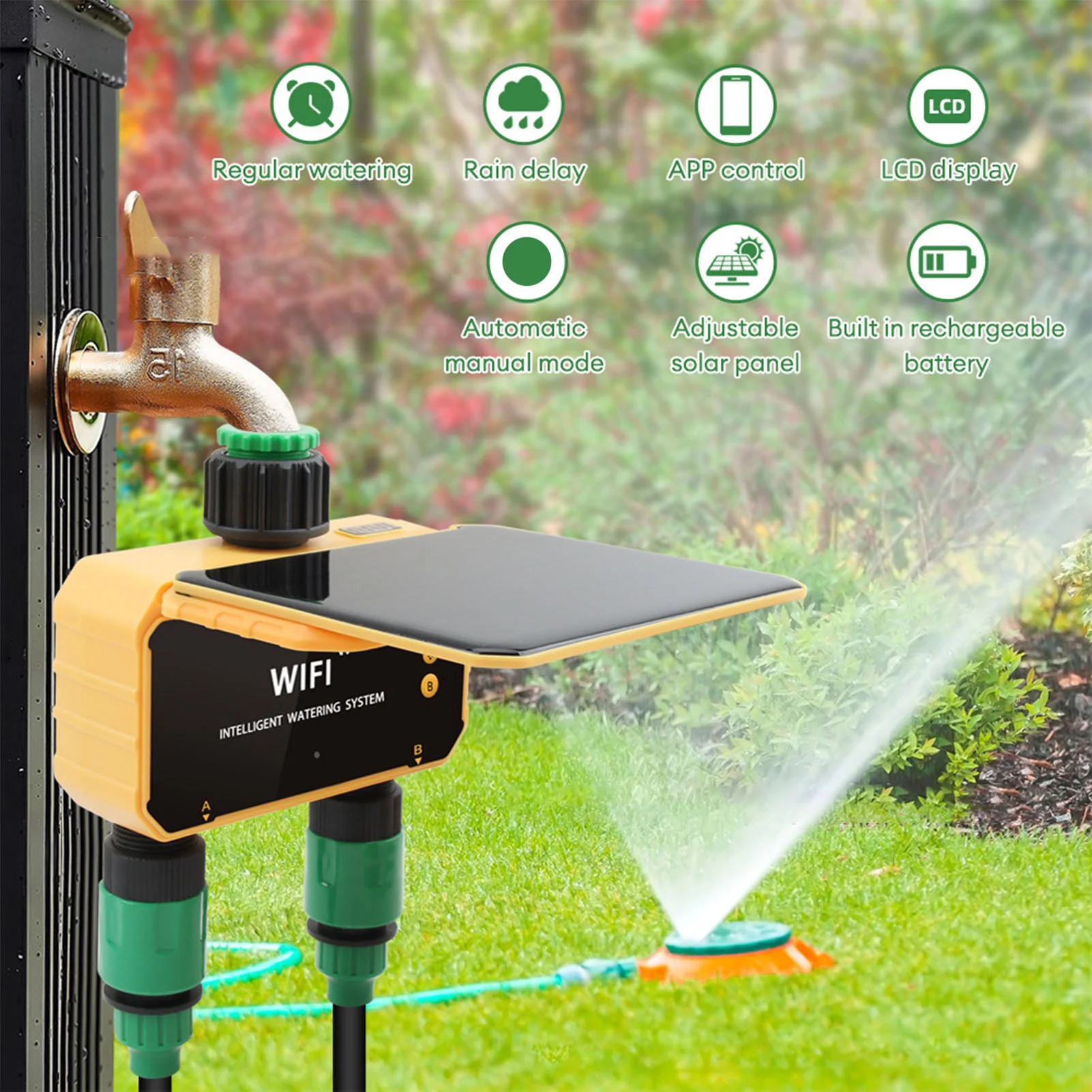 Smart Garden Usa - Solarbetriebener WLAN-Smart-Bewässerungstimer mit Regensensorfunktion, App-Steuerung, 2